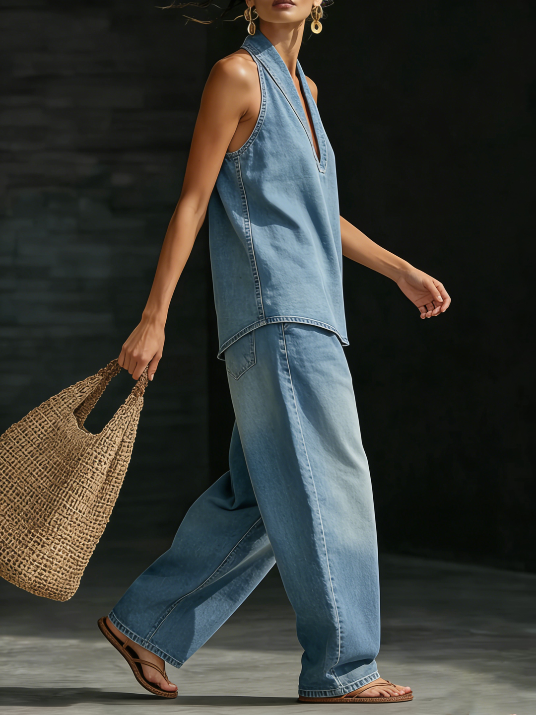 Sleeveless V-Neck Top and Wide-Leg Denim Pants Two-Piece Set