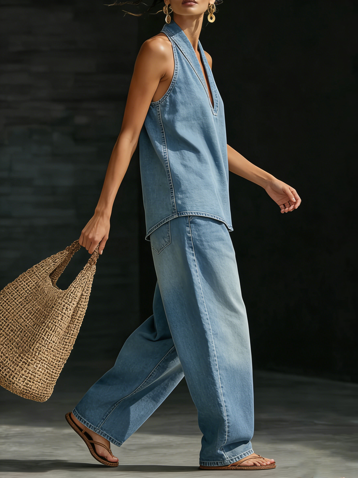 Sleeveless V-Neck Top and Wide-Leg Denim Pants Two-Piece Set