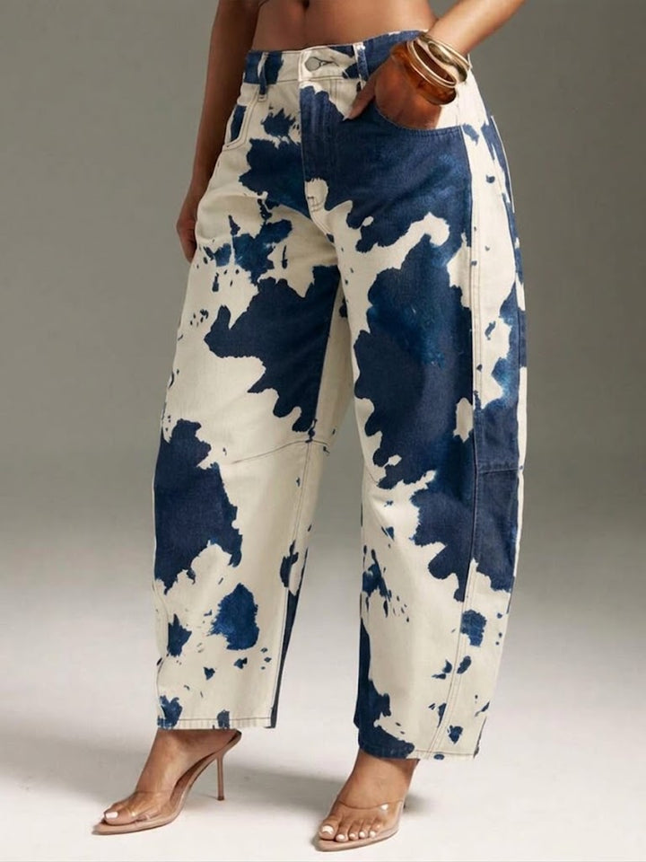 Women's High-Rise Wide-Leg Jeans with Cow-Print Design