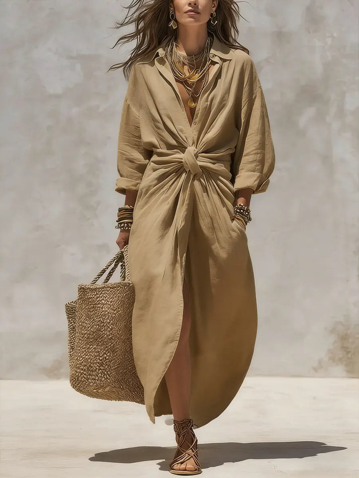 Cotton-Linen Shirt Dress with Long Sleeves and Side Pockets, Relaxed Fit