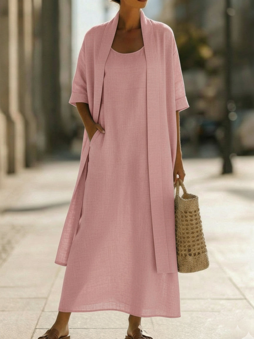 Linen Cotton Blend Two-Piece Set with Cardigan and Elastic Waist Dress
