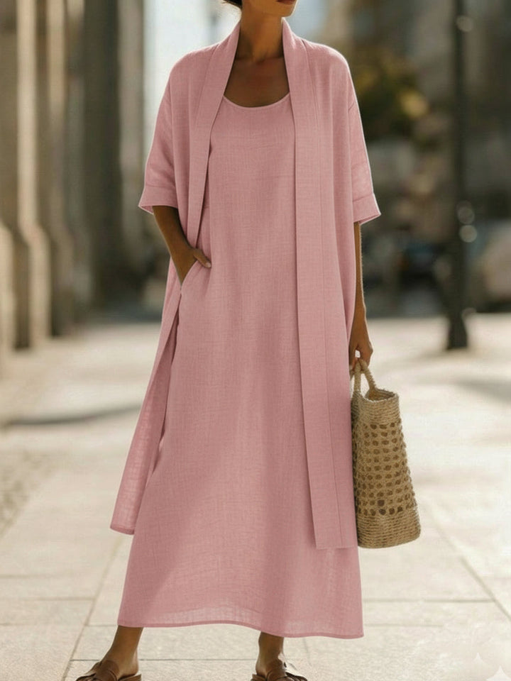 Linen Cotton Blend Two-Piece Set with Cardigan and Elastic Waist Dress