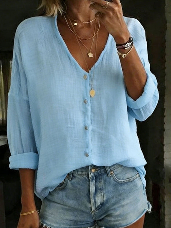 Women's V-Neck Shirt with Cotton-Linen Blend and Long Sleeves