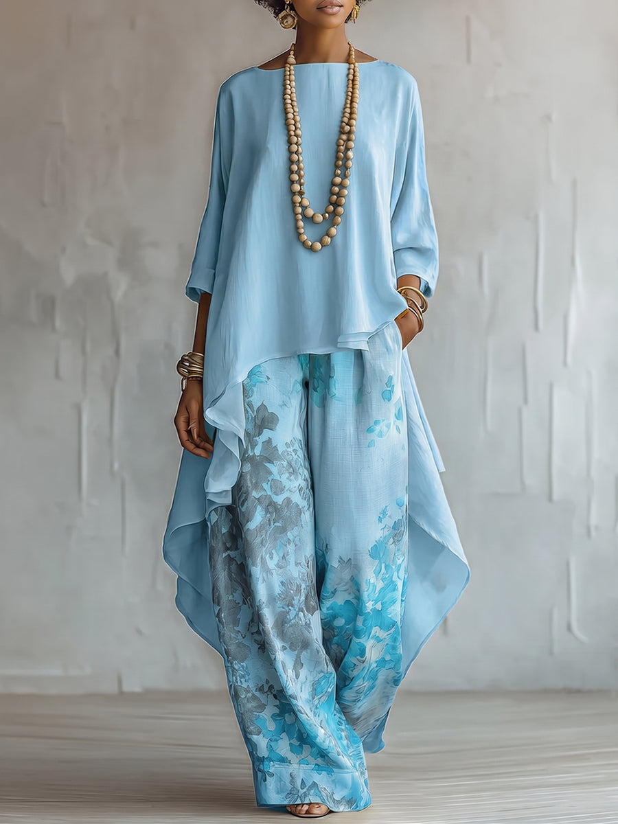 Floral Print Two-Piece Set with Long Sleeves and High-Waist Pants
