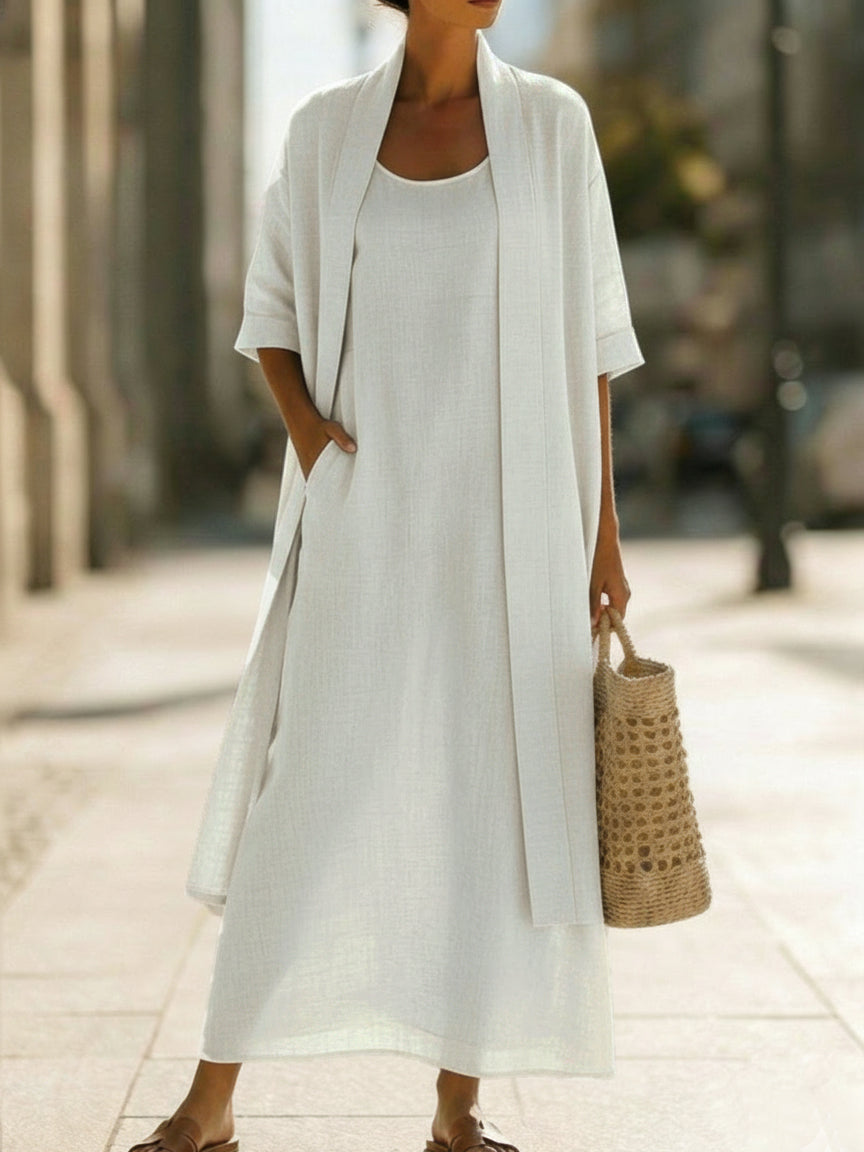 Linen Cotton Blend Two-Piece Set with Cardigan and Elastic Waist Dress