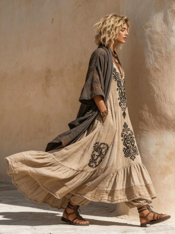 Women's Linen Cotton Two-Piece Set with Half-Sleeve Top and Elastic Waist Pants