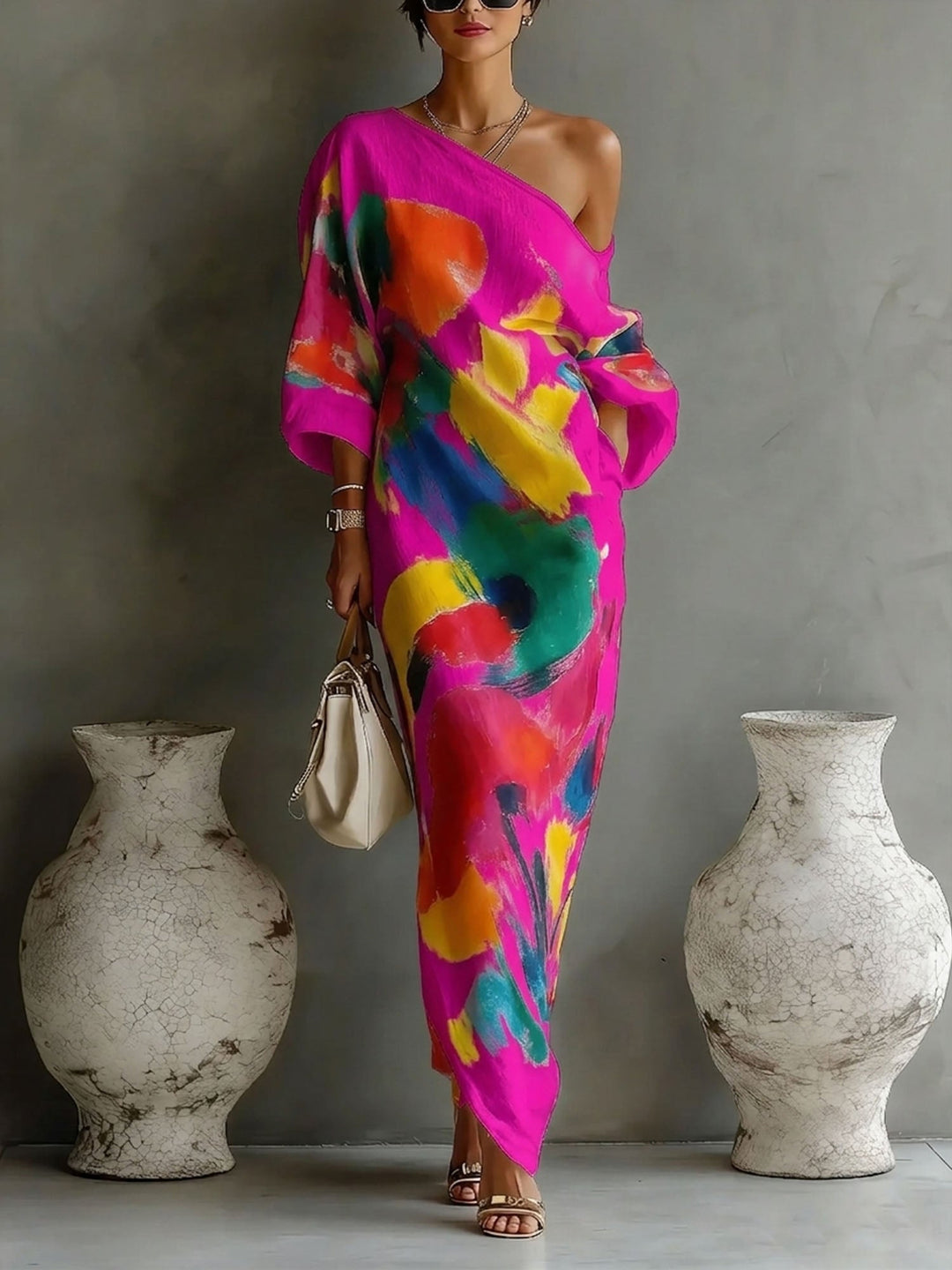 Women's V-Neck Maxi Dress with Long Sleeves and Side Pocket, Cotton Linen Blend