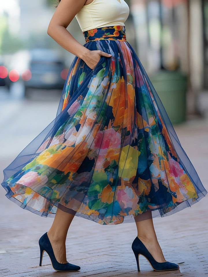 Women's Watercolor Maxi Skirt with Mesh Panels and Elastic Waistband