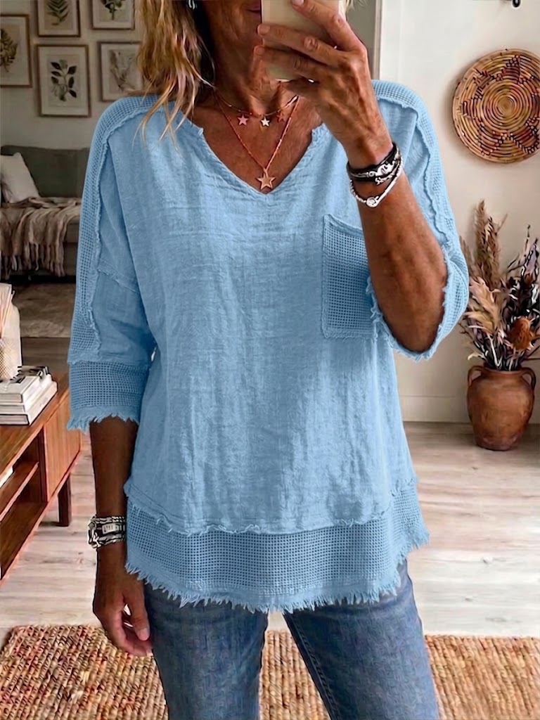 Women's V-Neck Top with Cotton-Linen Blend and Short Sleeves