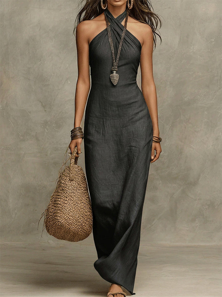Women's Halter Maxi Dress with Cotton-Linen Blend and Side Pockets