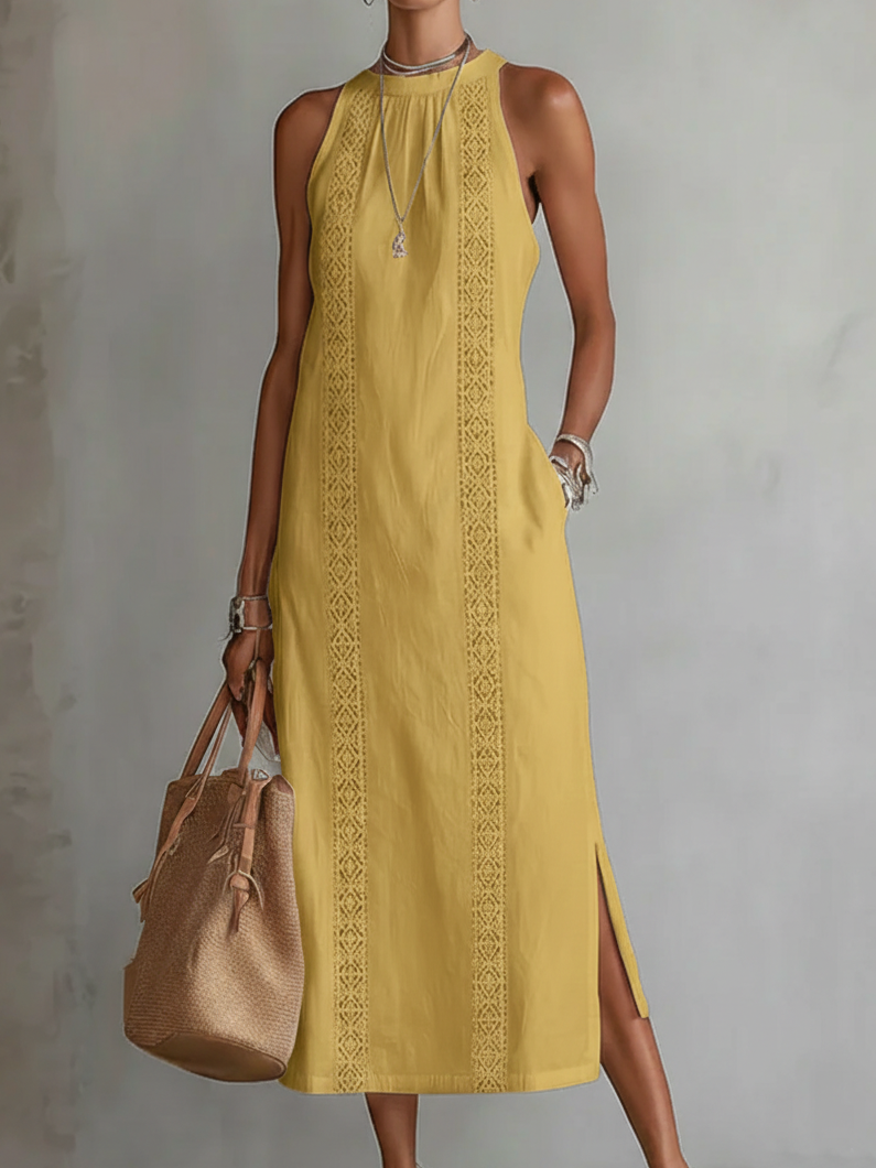 Sleeveless Midi Dress with Mao Collar and Cotton-Linen Blend, Side Pockets