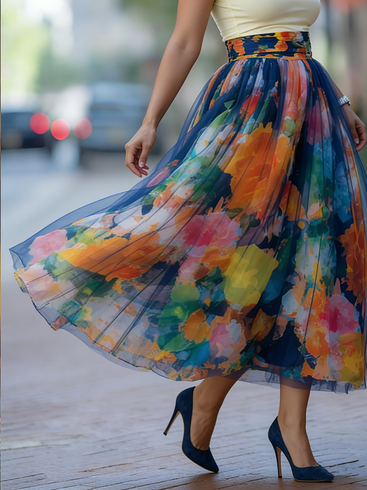 Women's Watercolor Maxi Skirt with Mesh Panels and Elastic Waistband