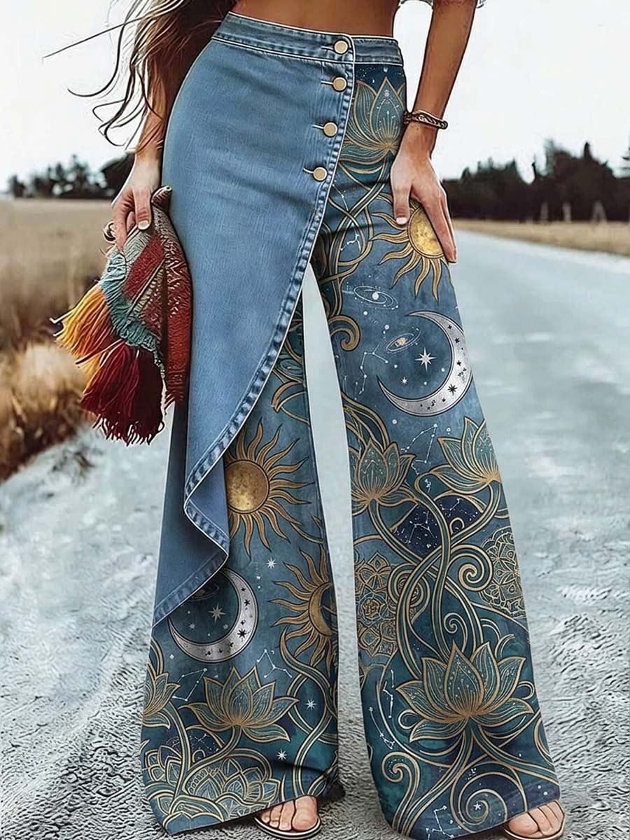 Women's Cotton Casual Pants with Side Zipper and Retro Floral Moon Print