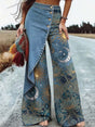 Women's Cotton Casual Pants with Side Zipper and Retro Floral Moon Print