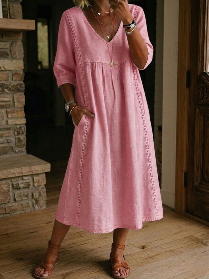 Cotton Linen Maxi Dress with Lace Trim and Patch Pockets, Patchwork Design