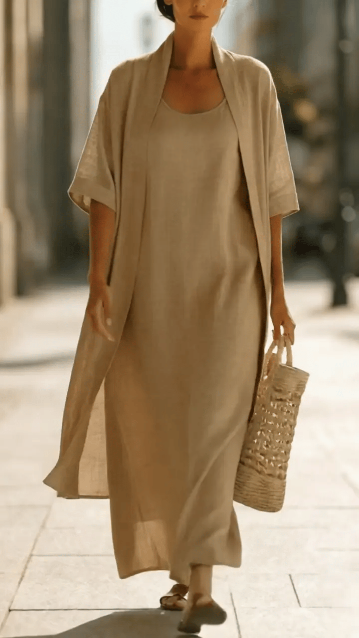 Linen Cotton Blend Two-Piece Set with Cardigan and Elastic Waist Dress