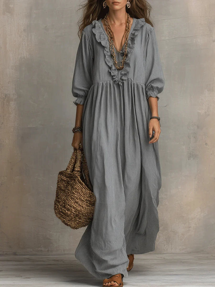 Striped Maxi Dress with Three-Quarter Sleeves and Ruffled Hem, Cotton Linen Blend