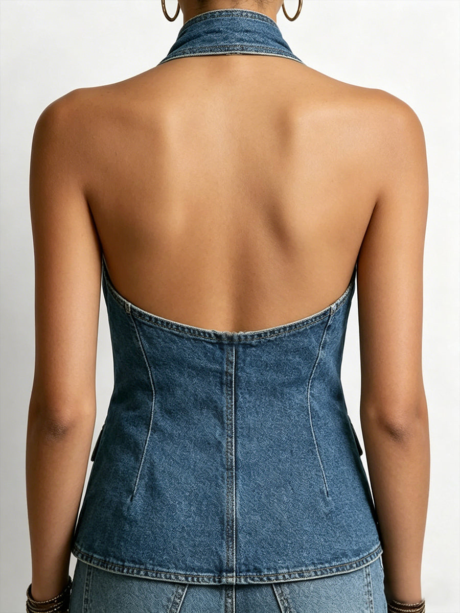 Crossover Halter Denim Top with Button-Front Design and Open Back