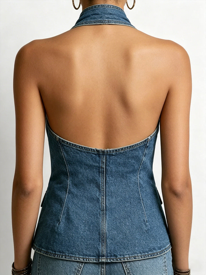 Crossover Halter Denim Top with Button-Front Design and Open Back