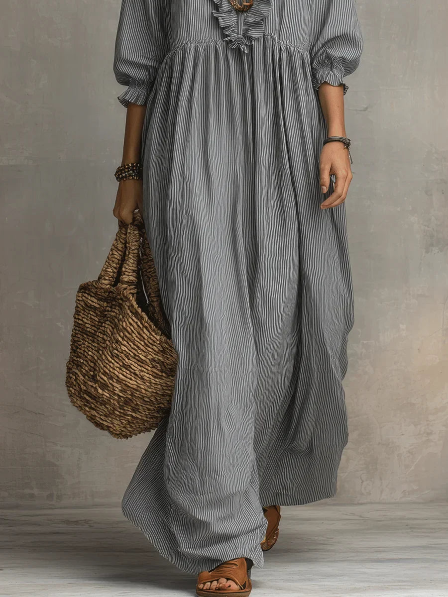 Striped Maxi Dress with Three-Quarter Sleeves and Ruffled Hem, Cotton Linen Blend
