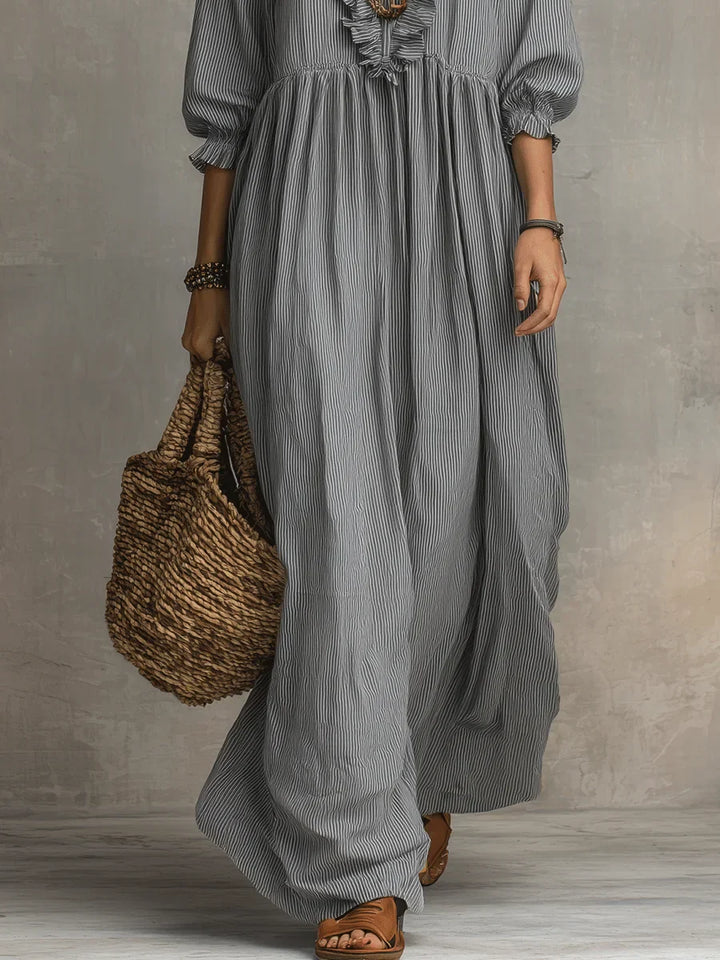 Striped Maxi Dress with Three-Quarter Sleeves and Ruffled Hem, Cotton Linen Blend
