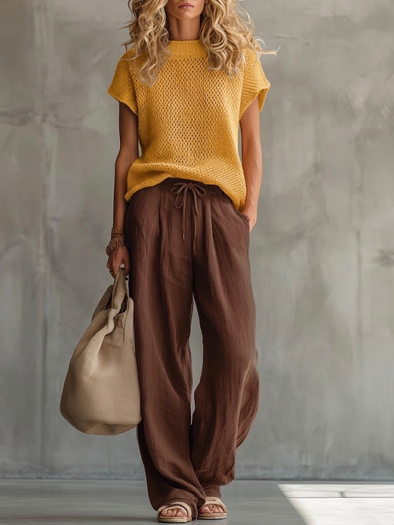 Cotton Linen Blend Two-Piece Set with Short Sleeve Top and Elastic Waist Pants