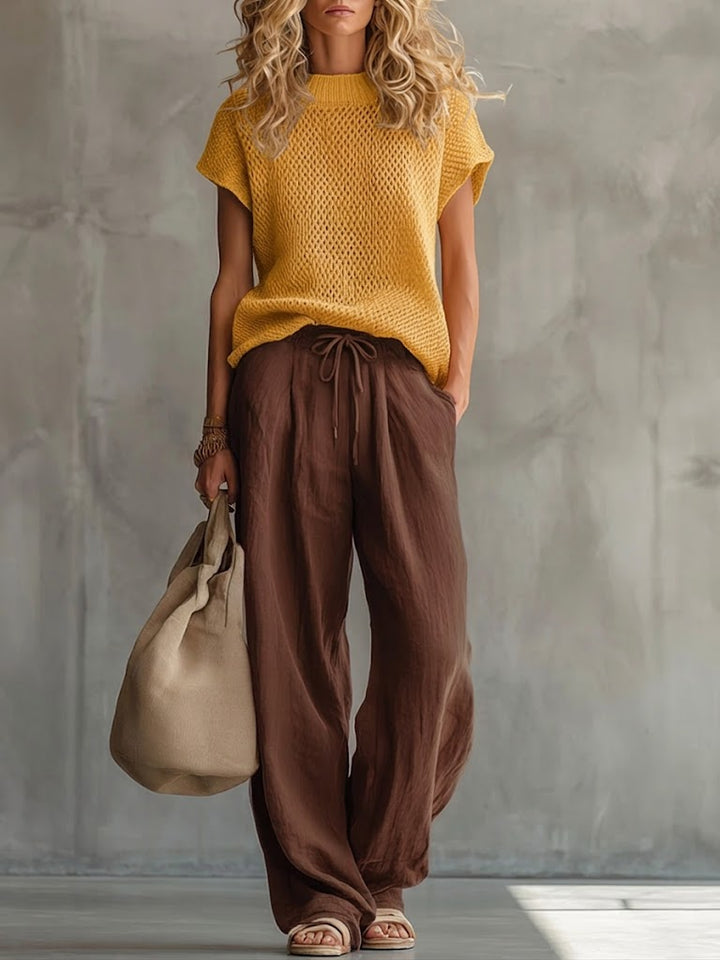 Cotton Linen Blend Two-Piece Set with Short Sleeve Top and Elastic Waist Pants