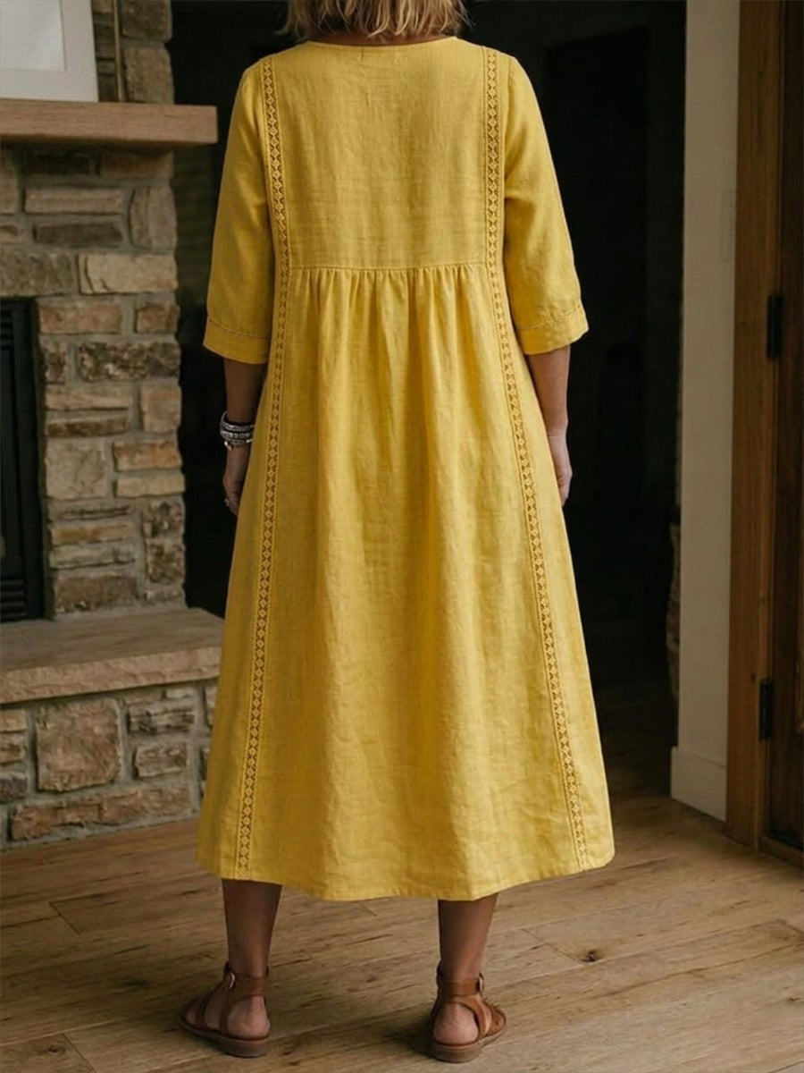 Cotton Linen Maxi Dress with Lace Trim and Patch Pockets, Patchwork Design