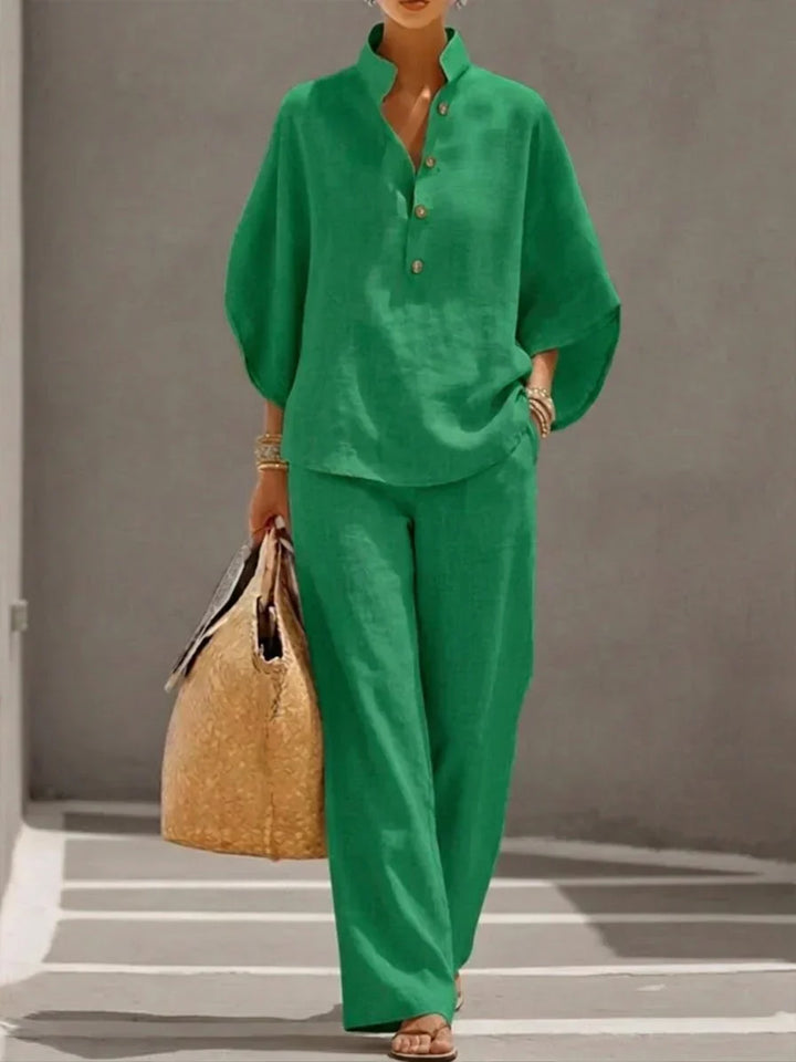 Linen Blend Blouse with Batwing Sleeves and Wide-Leg Pants Set