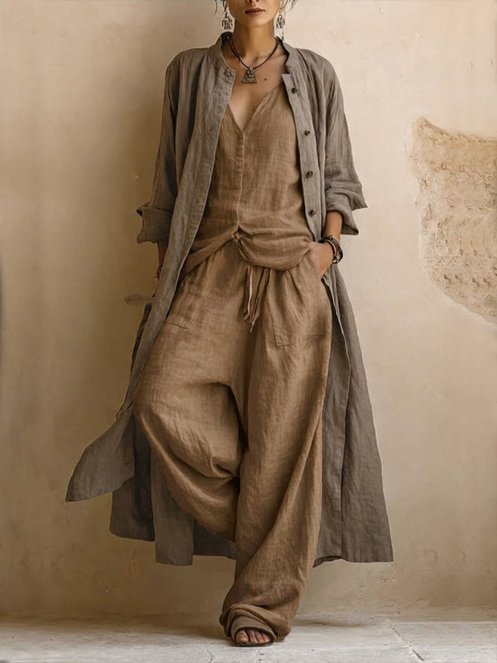 Cotton and Linen 3-Piece Set with Long Cardigan and Sleeveless Top, Relaxed Pants