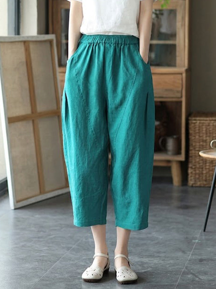 Wide-Leg Linen-Blend Trousers with Elastic Waistband and Front Pleating