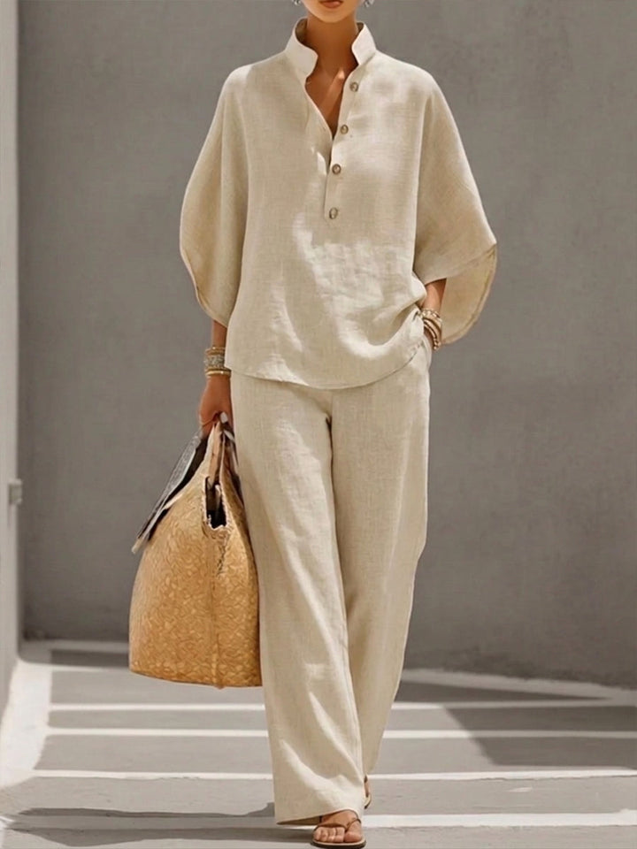 Two-Piece Linen Cotton Set with 3/4 Sleeve Shirt and Wide-Leg Trousers
