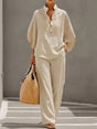 Two-Piece Linen Cotton Set with 3/4 Sleeve Shirt and Wide-Leg Trousers