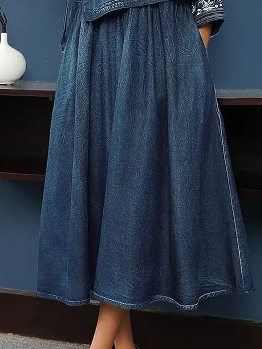 Women's V-Neck Cotton Top and Skirt Set with Elastic Waistband, Long Sleeve