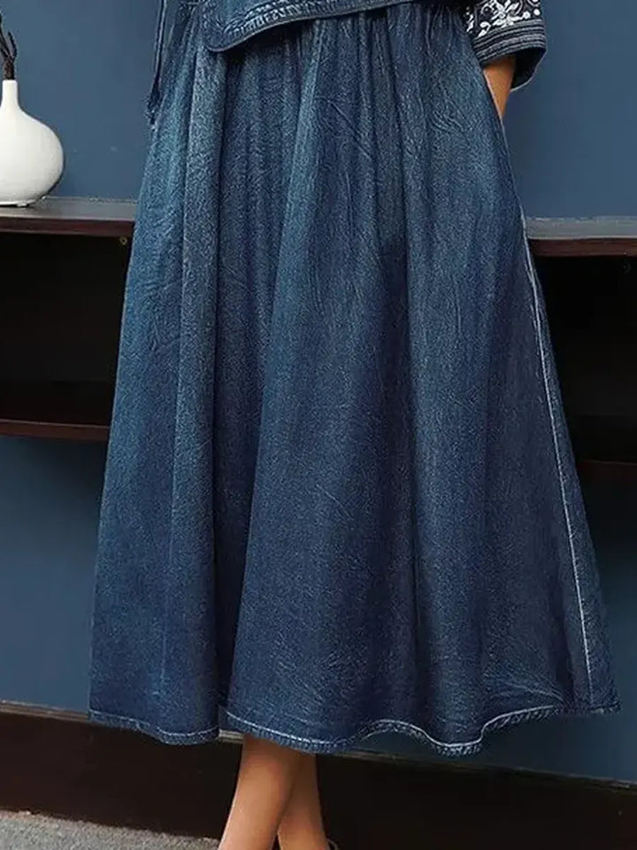 Women's V-Neck Cotton Top and Skirt Set with Elastic Waistband, Long Sleeve