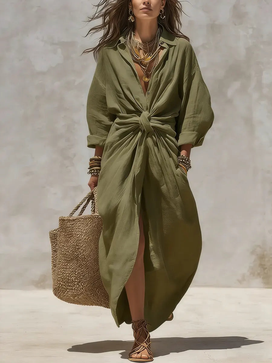 Cotton-Linen Shirt Dress with Long Sleeves and Side Pockets, Relaxed Fit