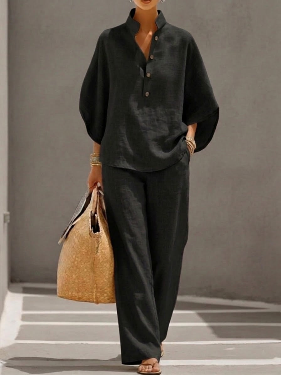 Two-Piece Linen Cotton Set with 3/4 Sleeve Shirt and Wide-Leg Trousers