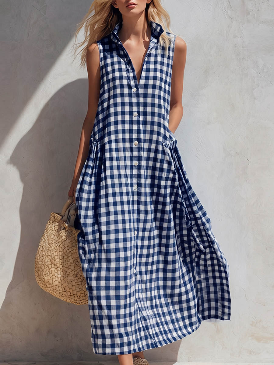 Women's V-Neck Sleeveless Dress with Cotton-Linen Blend and Side Pockets