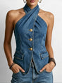 Crossover Halter Denim Top with Button-Front Design and Open Back