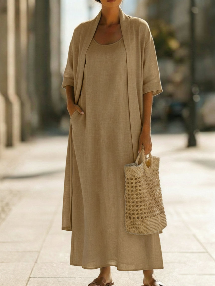 Linen Cotton Blend Two-Piece Set with Cardigan and Elastic Waist Dress