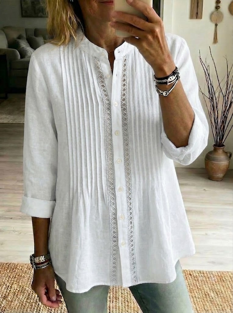 Pleated Linen Blend Shirt with Band Collar and Roll-Up Sleeves