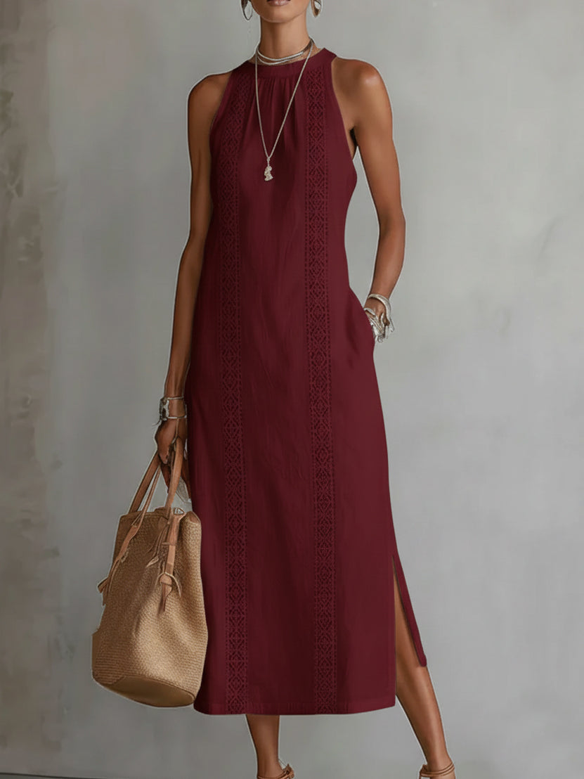 Sleeveless Midi Dress with Mao Collar and Cotton-Linen Blend, Side Pockets