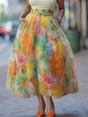 Women's Watercolor Maxi Skirt with Mesh Panels and Elastic Waistband