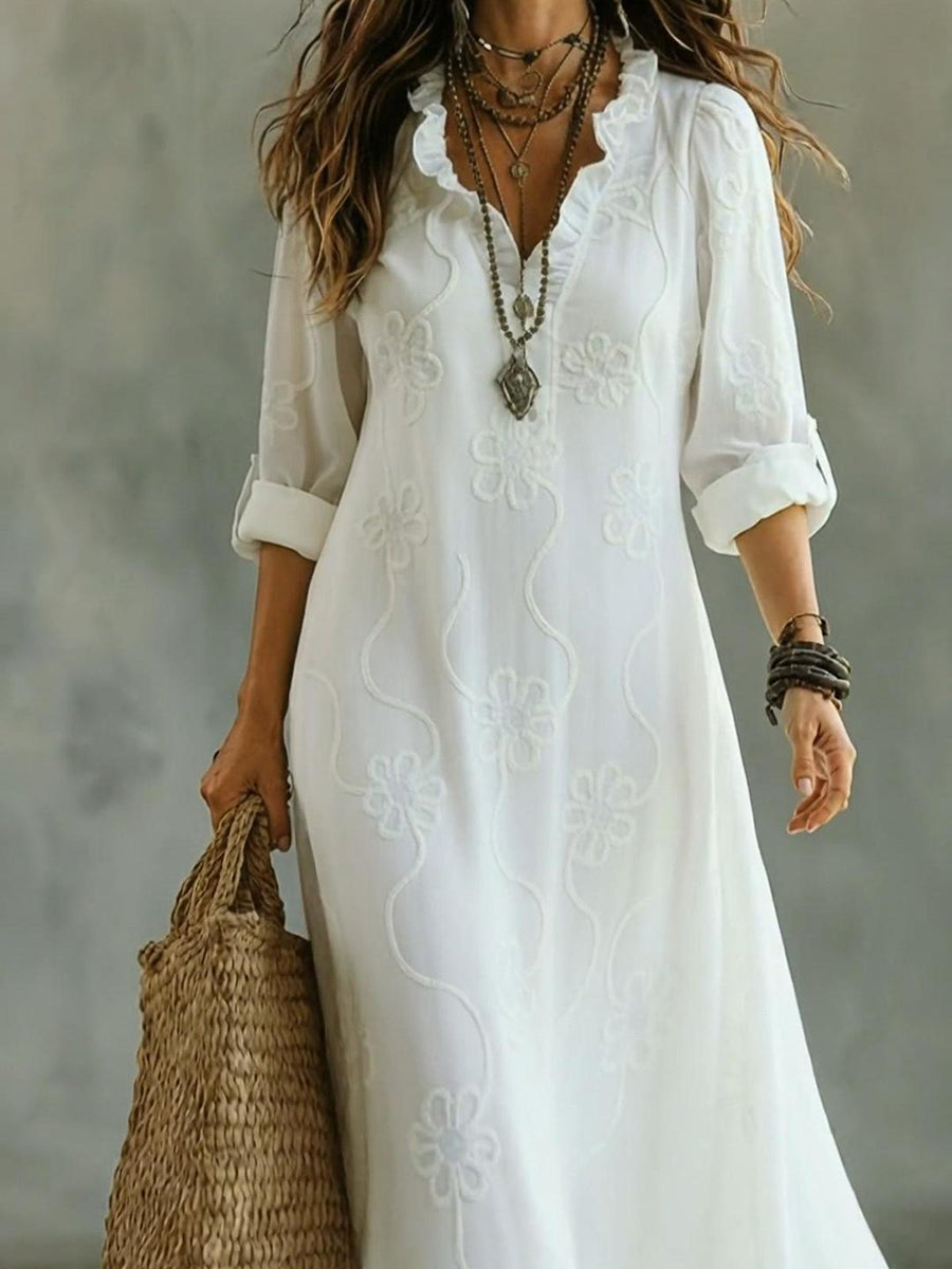 Midi Dress with Floral Embroidery and Long Sleeves, V-Neck Wave Design