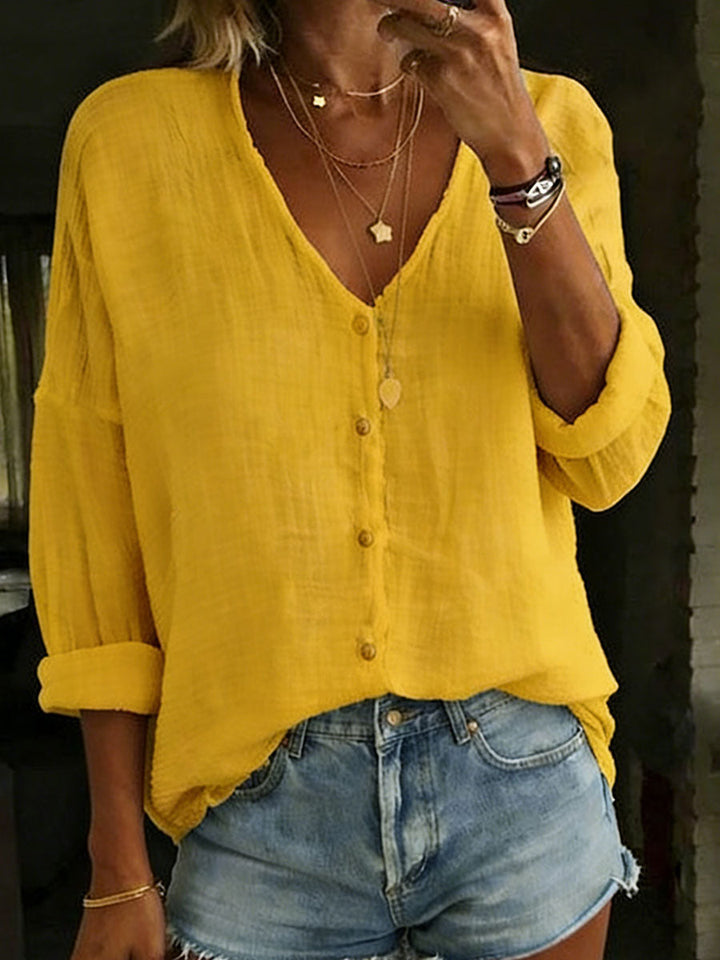 Women's V-Neck Shirt with Cotton-Linen Blend and Long Sleeves