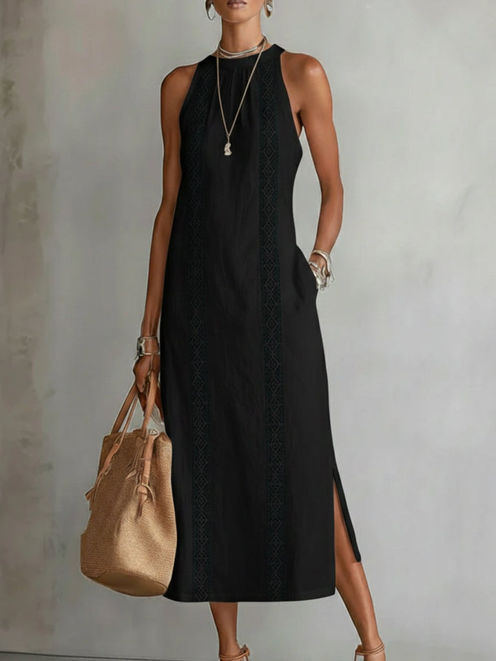 Sleeveless Midi Dress with Mao Collar and Cotton-Linen Blend, Side Pockets