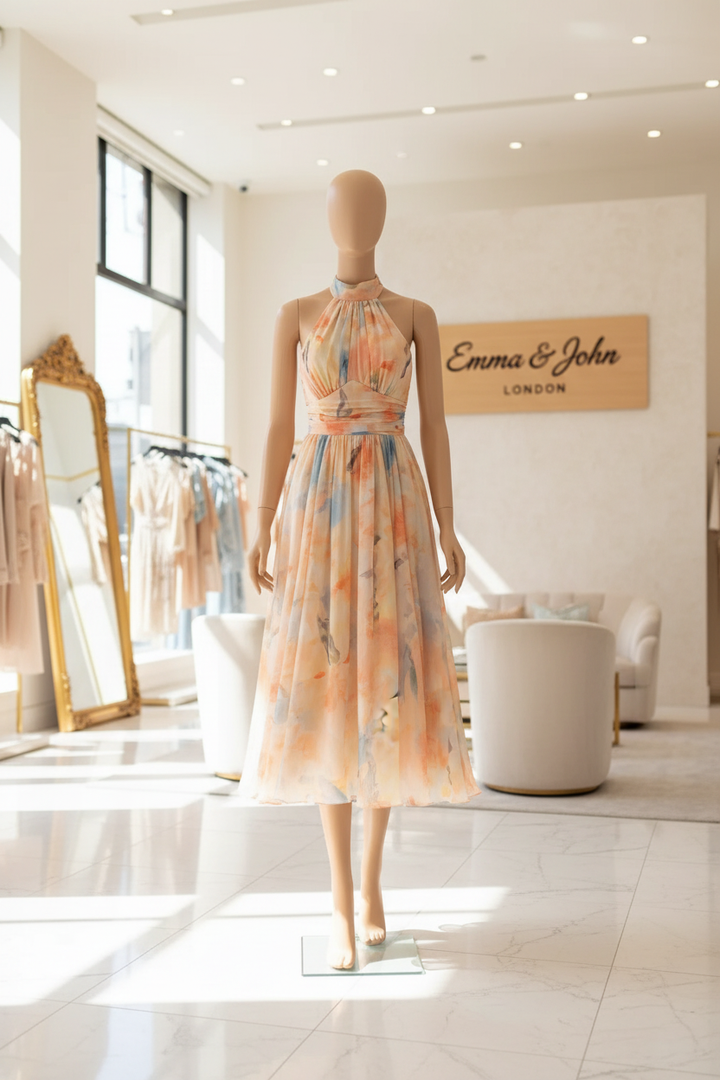 Halter Neck Maxi Dress with Watercolor Print and Flowing Silhouette