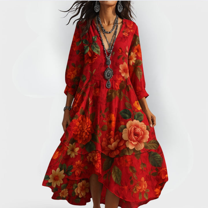 Grace | Plus Size Boho Dress Floral V-Neck 3/4 Sleeve Tiered Midi - Women's Plus Size | Nancy Callen Fashion