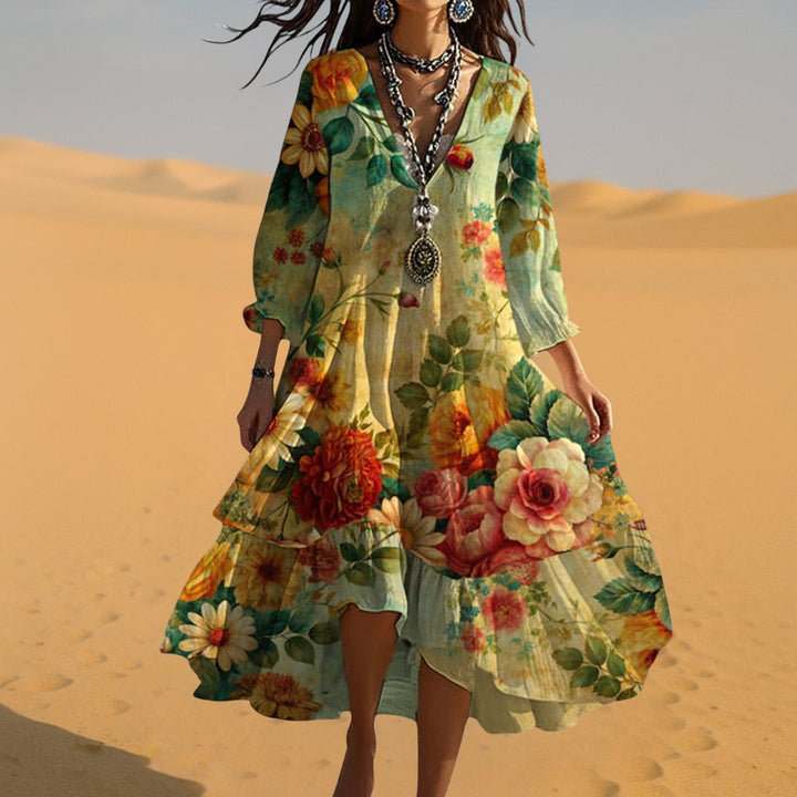 Grace | Plus Size Boho Dress Floral V-Neck 3/4 Sleeve Tiered Midi - Women's Plus Size | Nancy Callen Fashion
