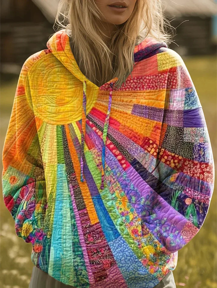 Multicolor Patchwork Hoodie with Sunburst Design and Relaxed Fit